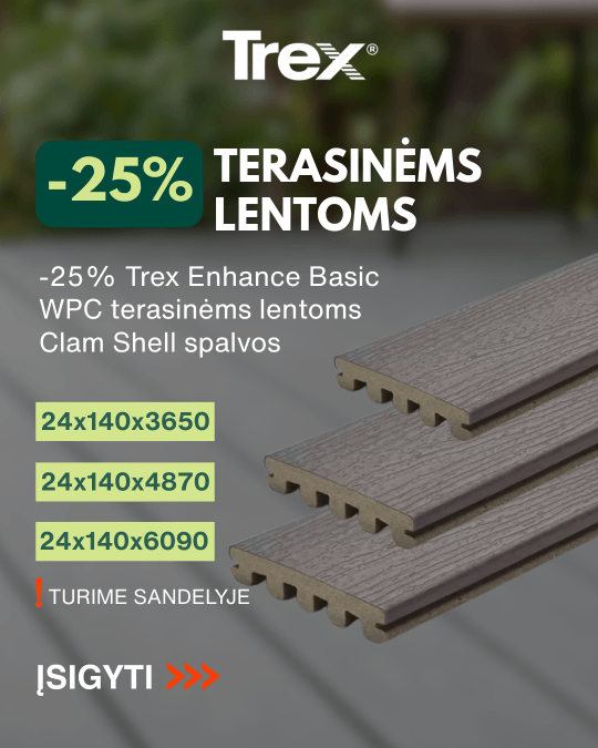 -25% Trex Enhance Basic WPC terasinėms lentoms Clam Shell spalvos turime sandely